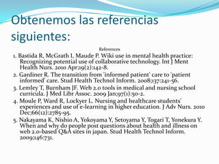 Obtenemos las referencias
siguientes:
                                 References
1. Bastida R, McGrath I, Maude P. Wiki use in mental health practice:
   Recognizing potential use of collaborative technology. Int J Ment
   Health Nurs. 2010 Apr;19(2):142-8.
2. Gardiner R. The transition from 'informed patient' care to 'patient
   informed' care. Stud Health Technol Inform. 2008;137:241-56.
3. Lemley T, Burnham JF. Web 2.0 tools in medical and nursing school
   curricula. J Med Libr Assoc. 2009 Jan;97(1):50-2.
4. Moule P, Ward R, Lockyer L. Nursing and healthcare students'
   experiences and use of e-learning in higher education. J Adv Nurs. 2010
   Dec;66(12):2785-95.
5. Nakayama K, Nishio A, Yokoyama Y, Setoyama Y, Togari T, Yonekura Y.
   When and why do people post questions about health and illness on
   web 2.0-based Q&A sites in japan. Stud Health Technol Inform.
   2009;146:731.
 