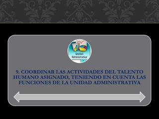 9. COORDINAR LAS ACTIVIDADES DEL TALENTO
HUMANO ASIGNADO, TENIENDO EN CUENTA LAS
FUNCIONES DE LA UNIDAD ADMINISTRATIVA
 