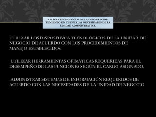 UTILIZAR LOS DISPOSITIVOS TECNOLÓGICOS DE LA UNIDAD DE
NEGOCIO DE ACUERDO CON LOS PROCEDIMIENTOS DE
MANEJO ESTABLECIDOS.
UTILIZAR HERRAMIENTAS OFIMÁTICAS REQUERIDAS PARA EL
DESEMPEÑO DE LAS FUNCIONES SEGÚN EL CARGO ASIGNADO.
ADMINISTRAR SISTEMAS DE INFORMACIÓN REQUERIDOS DE
ACUERDO CON LAS NECESIDADES DE LA UNIDAD DE NEGOCIO
APLICAR TECNOLOGÍAS DE LA INFORMACIÓN
TENIENDO EN CUENTA LAS NECESIDADES DE LA
UNIDAD ADMINISTRATIVA.
 