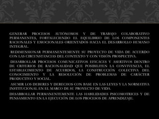 GENERAR PROCESOS AUTÓNOMOS Y DE TRABAJO COLABORATIVO
PERMANENTES, FORTALECIENDO EL EQUILIBRIO DE LOS COMPONENTES
RACIONALES Y EMOCIONALES ORIENTADOS HACIA EL DESARROLLO HUMANO
INTEGRAL.
REDIMENSIONAR PERMANENTEMENTE SU PROYECTO DE VIDA DE ACUERDO
CON LAS CIRCUNSTANCIAS DEL CONTEXTO Y CON VISIÓN PROSPECTIVA.
DESARROLLAR PROCESOS COMUNICATIVOS EFICACES Y ASERTIVOS DENTRO
DE CRITERIOS DE RACIONALIDAD QUE POSIBILITEN LA CONVIVENCIA, EL
ESTABLECIMIENTO DE ACUERDOS, LA CONSTRUCCIÓN COLECTIVA DEL
CONOCIMIENTO Y LA RESOLUCIÓN DE PROBLEMAS DE CARÁCTER
PRODUCTIVO Y SOCIAL.
ASUMIR LOS DEBERES Y DERECHOS CON BASE EN LAS LEYES Y LA NORMATIVA
INSTITUCIONAL EN EL MARCO DE SU PROYECTO DE VIDA.
DESARROLLAR PERMANENTEMENTE LAS HABILIDADES PSICOMOTRICES Y DE
PENSAMIENTO EN LA EJECUCIÓN DE LOS PROCESOS DE APRENDIZAJE.
 