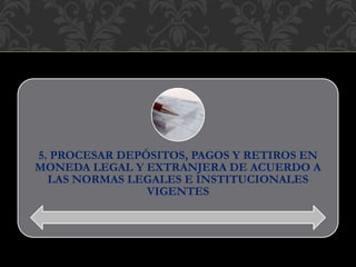 5. PROCESAR DEPÓSITOS, PAGOS Y RETIROS EN
MONEDA LEGAL Y EXTRANJERA DE ACUERDO A
LAS NORMAS LEGALES E INSTITUCIONALES
VIGENTES
 