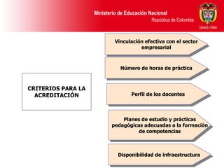 CRITERIOS PARA LA ACREDITACIÓN Vinculación efectiva con el sector empresarial Número de horas de práctica Perfil de los docentes Planes de estudio y prácticas pedagógicas adecuadas a la formación de competencias Disponibilidad de infraestructura  