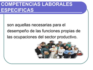 COMPETENCIAS LABORALES ESPECIFICAS son aquellas necesarias para el desempeño de las funciones propias de las ocupaciones del sector productivo. 