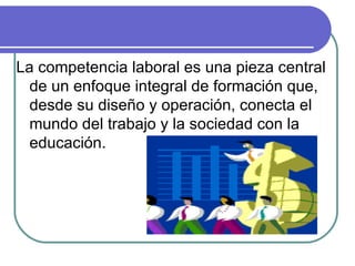 La competencia laboral es una pieza central de un enfoque integral de formación que, desde su diseño y operación, conecta el mundo del trabajo y la sociedad con la educación. 