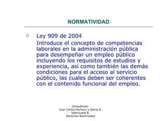 Consultores:
Juan Carlos Pacheco y Gloria A.
Valenzuela B.
Derechos Reservados
NORMATIVIDAD
 Ley 909 de 2004
Introduce el concepto de competencias
laborales en la administración pública
para desempeñar un empleo público
incluyendo los requisitos de estudios y
experiencia, así como también las demás
condiciones para el acceso al servicio
público, las cuales deben ser coherentes
con el contenido funcional del empleo.
 
