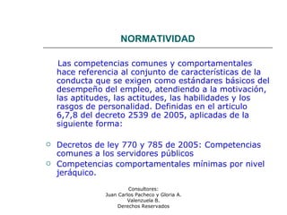 Consultores:
Juan Carlos Pacheco y Gloria A.
Valenzuela B.
Derechos Reservados
NORMATIVIDAD
Las competencias comunes y comportamentales
hace referencia al conjunto de características de la
conducta que se exigen como estándares básicos del
desempeño del empleo, atendiendo a la motivación,
las aptitudes, las actitudes, las habilidades y los
rasgos de personalidad. Definidas en el articulo
6,7,8 del decreto 2539 de 2005, aplicadas de la
siguiente forma:
 Decretos de ley 770 y 785 de 2005: Competencias
comunes a los servidores públicos
 Competencias comportamentales mínimas por nivel
jeráquico.
 