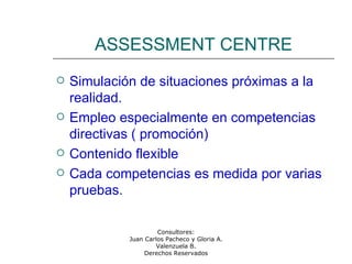Consultores:
Juan Carlos Pacheco y Gloria A.
Valenzuela B.
Derechos Reservados
ASSESSMENT CENTRE
 Simulación de situaciones próximas a la
realidad.
 Empleo especialmente en competencias
directivas ( promoción)
 Contenido flexible
 Cada competencias es medida por varias
pruebas.
 