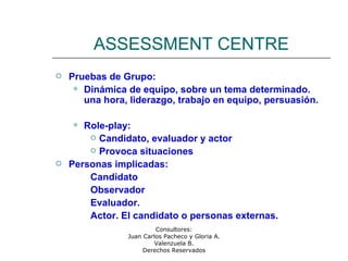 Consultores:
Juan Carlos Pacheco y Gloria A.
Valenzuela B.
Derechos Reservados
ASSESSMENT CENTRE
 Pruebas de Grupo:
 Dinámica de equipo, sobre un tema determinado.
una hora, liderazgo, trabajo en equipo, persuasión.
 Role-play:
 Candidato, evaluador y actor
 Provoca situaciones
 Personas implicadas:
Candidato
Observador
Evaluador.
Actor. El candidato o personas externas.
 