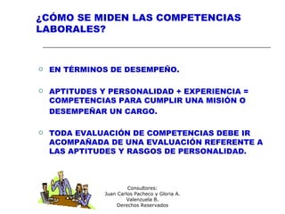 Consultores:
Juan Carlos Pacheco y Gloria A.
Valenzuela B.
Derechos Reservados
¿CÓMO SE MIDEN LAS COMPETENCIAS
LABORALES?
 EN TÉRMINOS DE DESEMPEÑO.
 APTITUDES Y PERSONALIDAD + EXPERIENCIA =
COMPETENCIAS PARA CUMPLIR UNA MISIÓN O
DESEMPEÑAR UN CARGO.
 TODA EVALUACIÓN DE COMPETENCIAS DEBE IR
ACOMPAÑADA DE UNA EVALUACIÓN REFERENTE A
LAS APTITUDES Y RASGOS DE PERSONALIDAD.
 