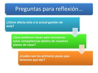 Preguntas para reflexión…
¿Cómo afecta esto a la actual gestión de
aula?
¿Qué podemos hacer para incorporar
estas competencias dentro de nuestros
planes de clase?
¿Cuáles son los primeros pasos que
tenemos que dar?
 
