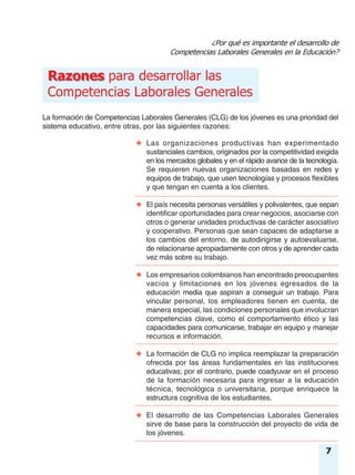 ¿Por qué es importante el desarrollo de
Competencias Laborales Generales en la Educación?
RazonesRazones para desarrollar las
Competencias Laborales Generales
La formación de Competencias Laborales Generales (CLG) de los jóvenes es una prioridad del
sistema educativo, entre otras, por las siguientes razones:
◆ Las organizaciones productivas han experimentado
sustanciales cambios, originados por la competitividad exigida
en los mercados globales y en el rápido avance de la tecnología.
Se requieren nuevas organizaciones basadas en redes y
equipos de trabajo, que usen tecnologías y procesos flexibles
y que tengan en cuenta a los clientes.
◆ El país necesita personas versátiles y polivalentes, que sepan
identificar oportunidades para crear negocios, asociarse con
otros o generar unidades productivas de carácter asociativo
y cooperativo. Personas que sean capaces de adaptarse a
los cambios del entorno, de autodirigirse y autoevaluarse,
de relacionarse apropiadamente con otros y de aprender cada
vez más sobre su trabajo.
◆ Los empresarios colombianos han encontrado preocupantes
vacíos y limitaciones en los jóvenes egresados de la
educación media que aspiran a conseguir un trabajo. Para
vincular personal, los empleadores tienen en cuenta, de
manera especial, las condiciones personales que involucran
competencias clave, como el comportamiento ético y las
capacidades para comunicarse, trabajar en equipo y manejar
recursos e información.
◆ La formación de CLG no implica reemplazar la preparación
ofrecida por las áreas fundamentales en las instituciones
educativas; por el contrario, puede coadyuvar en el proceso
de la formación necesaria para ingresar a la educación
técnica, tecnológica o universitaria, porque enriquece la
estructura cognitiva de los estudiantes.
◆ El desarrollo de las Competencias Laborales Generales
sirve de base para la construcción del proyecto de vida de
los jóvenes.
7
 