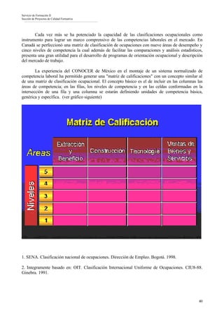 Servicio de Formación II
Sección de Proyectos de Calidad Formativa




       Cada vez más se ha potenciado la capacidad de las clasificaciones ocupacionales como
instrumento para lograr un marco comprensivo de las competencias laborales en el mercado. En
Canadá se perfeccionó una matriz de clasificación de ocupaciones con nueve áreas de desempeño y
cinco niveles de competencia la cual además de facilitar las comparaciones y análisis estadísticos,
presenta una gran utilidad para el desarrollo de programas de orientación ocupacional y descripción
del mercado de trabajo.

        La experiencia del CONOCER de México en el montaje de un sistema normalizado de
competencia laboral ha permitido generar una "matriz de calificaciones" con un concepto similar al
de una matriz de clasificación ocupacional. El concepto básico es el de incluir en las columnas las
áreas de competencia; en las filas, los niveles de competencia y en las celdas conformadas en la
intersección de una fila y una columna se estarán definiendo unidades de competencia básica,
genérica y específica. (ver gráfico siguiente)




1. SENA. Clasificación nacional de ocupaciones. Dirección de Empleo. Bogotá. 1998.

2. Integramente basado en: OIT. Clasificación Internacional Uniforme de Ocupaciones. CIU8-88.
Ginebra. 1991.




                                                                                                40
 