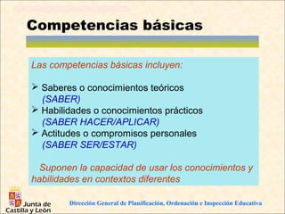 Competencias básicas

Las competencias básicas incluyen:

 Saberes o conocimientos teóricos
  (SABER)
 Habilidades o conocimientos prácticos
  (SABER HACER/APLICAR)
 Actitudes o compromisos personales
  (SABER SER/ESTAR)

  Suponen la capacidad de usar los conocimientos y
habilidades en contextos diferentes

        Dirección General de Planificación, Ordenación e Inspección Educativa
 