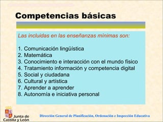 Competencias básicas

Las incluidas en las enseñanzas mínimas son:

1. Comunicación lingüística
2. Matemática
3. Conocimiento e interacción con el mundo físico
4. Tratamiento información y competencia digital
5. Social y ciudadana
6. Cultural y artística
7. Aprender a aprender
8. Autonomía e iniciativa personal


        Dirección General de Planificación y Ordenación Educativa
        Dirección General de Planificación, Ordenación              e Inspección Educativa
 