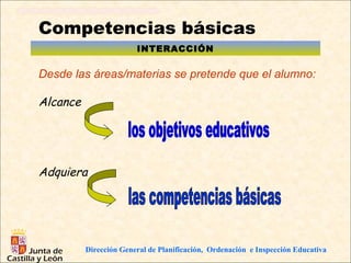 Competencias básicas
                        INTERACCIÓN

Desde las áreas/materias se pretende que el alumno:

Alcance




Adquiera




          Dirección General de Planificación, Ordenación e Inspección Educativa
 