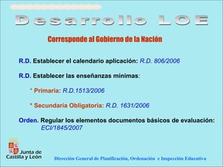 Corresponde al Gobierno de la Nación

R.D. Establecer el calendario aplicación: R.D. 806/2006

R.D. Establecer las enseñanzas mínimas:

   * Primaria: R.D.1513/2006

   * Secundaria Obligatoria: R.D. 1631/2006

Orden. Regular los elementos documentos básicos de evaluación:
       ECI/1845/2007



            Dirección General de Planificación, Ordenación e Inspección Educativa
 
