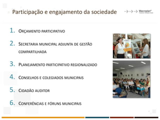 Participação e engajamento da sociedade
1. ORÇAMENTO PARTICIPATIVO
2. SECRETARIA MUNICIPAL ADJUNTA DE GESTÃO
COMPARTILHADA
3. PLANEJAMENTO PARTICIPATIVO REGIONALIZADO
4. CONSELHOS E COLEGIADOS MUNICIPAIS
5. CIDADÃO AUDITOR
6. CONFERÊNCIAS E FÓRUNS MUNICIPAIS
18
 