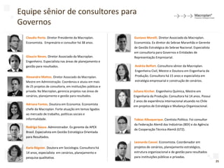 Equipe sênior de consultores para
Governos
25
Claudio Porto. Diretor Presidente da Macroplan.
Economista. Empresário e consultor há 38 anos.
Glaucio Neves. Diretor Associado da Macroplan.
Engenheiro. Especialista nas áreas de planejamento e
gestão para resultados.
Adriana Fontes. Doutora em Economia. Economista
chefe da Macroplan. Forte atuação em temas ligados
ao mercado de trabalho, políticas sociais e
informalidade.
Rodrigo Souza. Administrador. Ex gerente da APEX
Brasil. Especialista em Gestão Estratégica Orientada
para Resultados.
Karla Régnier. Doutora em Sociologia. Consultora há
14 anos, especialista em cenários, planejamento e
pesquisa qualitativa.
Gustavo Morelli. Diretor Associado da Macroplan.
Economista. Ex diretor do Sebrae Maranhão e Gerente
de Gestão Estratégica do Sebrae Nacional. Especialista
em consultoria para Governos e Entidades de
Representação Empresarial.
Tobias Albuquerque. Cientista Político. Foi consultor
da Federação Alemã das Indústrias (BDI) e da Agência
de Cooperação Técnica Alemã (GTZ).
Leonardo Cassol. Economista. Coordenador em
projetos de cenários, planejamento estratégico,
estrutura organizacional e de gestão para resultados
para instituições públicas e privadas.
Alexandre Mattos. Diretor Associado da Macroplan.
Mestre em Administração. Coordenou e atuou em mais
de 25 projetos de consultoria, em instituições públicas e
privada. Na Macroplan, gerencia projetos nas áreas de
cenários, planejamento e gestão para resultados.
Andréa Belfort. Consultora sênior da Macroplan.
Engenheira Civil, Mestre e Doutora em Engenharia da
Produção. Consultora há 15 anos e especialista em
estratégia empresarial e construção de cenários.
Juliana Kircher. Engenheira Química, Mestre em
Engenharia da Produção. Consultora há 14 anos. Possui
2 anos de experiência internacional atuando no Chile
em projetos de Estratégia e Mudança Organizacional.
 