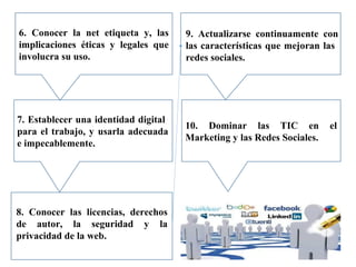 6. Conocer la net etiqueta y, las
implicaciones éticas y legales que
involucra su uso.
10. Dominar las TIC en el
Marketing y las Redes Sociales.
7. Establecer una identidad digital
para el trabajo, y usarla adecuada
e impecablemente.
8. Conocer las licencias, derechos
de autor, la seguridad y la
privacidad de la web.
9. Actualizarse continuamente con
las características que mejoran las
redes sociales.
 