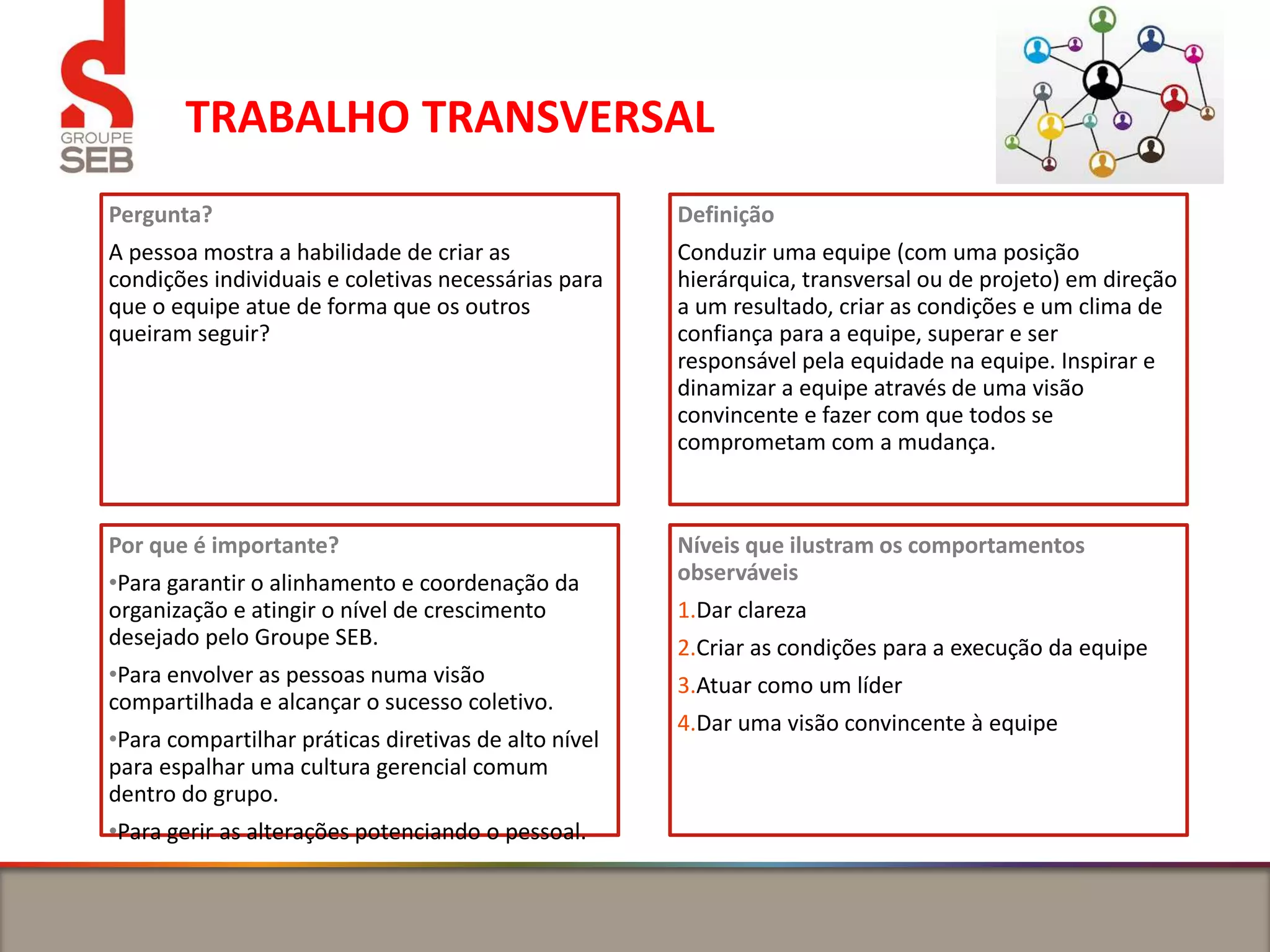 TRABALHO TRANSVERSAL
Pergunta?
A pessoa mostra a habilidade de criar as
condições individuais e coletivas necessárias para
que o equipe atue de forma que os outros
queiram seguir?
Definição
Conduzir uma equipe (com uma posição
hierárquica, transversal ou de projeto) em direção
a um resultado, criar as condições e um clima de
confiança para a equipe, superar e ser
responsável pela equidade na equipe. Inspirar e
dinamizar a equipe através de uma visão
convincente e fazer com que todos se
comprometam com a mudança.
Por que é importante?
•Para garantir o alinhamento e coordenação da
organização e atingir o nível de crescimento
desejado pelo Groupe SEB.
•Para envolver as pessoas numa visão
compartilhada e alcançar o sucesso coletivo.
•Para compartilhar práticas diretivas de alto nível
para espalhar uma cultura gerencial comum
dentro do grupo.
•Para gerir as alterações potenciando o pessoal.
Níveis que ilustram os comportamentos
observáveis
1.Dar clareza
2.Criar as condições para a execução da equipe
3.Atuar como um líder
4.Dar uma visão convincente à equipe
 