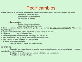 Pedir cambios
Supone ser capaces de realizar peticiones de cambio de comportamiento, de manera adecuada y eficaz:
* Obtener un cambio en el otro
* Mantener el control emocional
* No deteriorar la relación
. Componentes:
- Buscar el momento adecuado.
- Hacer las críticas de una en una.
1- Definir operativamente el comportamiento que deseo que cambie. Sin juzgar, sin generalizar. Ej. "Cuando...“,
“hay veces que...“.
2- Expresar mis sentimientos, cómo me afecta. Ej: "Me siento...“, “me pasa..."
3- Empatizar: Ej: "Entiendo que tú…
4- Admitir mi parte de responsabilidad, si la tengo. Ej: "Tal vez yo...“
5- Pedir alternativas : Ej. “¿Qué se te ocurre que podríamos hacer?
6- Pedir cambio. Sugerir, no exigir. Ej: "Me gustaría..."
7- Si admite el cambio  Reforzar
Si no se admite  Avisar de consecuencias.
IMPORTANTE:
- Es posible que no percibamos el cambio; puede ser que tengamos que ayudar a la otra persona
a cambiar (ej. recordándoselo).
- Si a pesar de lo anterior no hay cambio: establecer una negociación.
- Al percibir un cambio, reforzar.
 