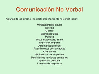 Comunicación No Verbal
Algunas de las dimensiones del comportamiento no verbal serían:
Mirada/contacto ocular
Sonrisa
Gest...