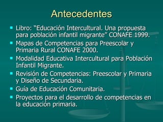 Antecedentes Libro: “Educación Intercultural. Una propuesta para población infantil migrante” CONAFE 1999. Mapas de Competencias para Preescolar y Primaria Rural CONAFE 2000. Modalidad Educativa Intercultural para Población Infantil Migrante. Revisión de Competencias: Preescolar y Primaria y Diseño de Secundaria. Guía de Educación Comunitaria. Proyectos para el desarrollo de competencias en la educación primaria. 