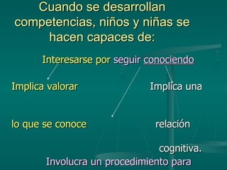 Cuando se desarrollan competencias, niños y niñas se hacen capaces de: Interesarse por   seguir  conociendo Implica valorar   Implica una  lo que se conoce   relación  cognitiva. Involucra un procedimiento para descubrir e investigar. 