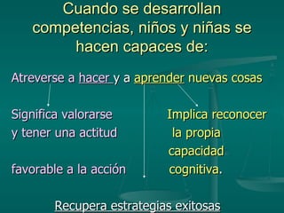 Atreverse   a   hacer  y a  aprender   nuevas   cosas Significa   valorarse   Implica   reconocer   y   tener   una   actitud   la   propia   capacidad favorable a   la   acción   cognitiva . Recupera estrategias exitosas Cuando se desarrollan competencias, niños y niñas se hacen capaces de: 