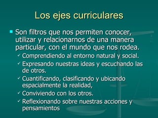 Los ejes curriculares Son filtros que nos permiten conocer, utilizar y relacionarnos de una manera particular, con el mundo que nos rodea. Comprendiendo al entorno natural y social. Expresando nuestras ideas y escuchando las de otros. Cuantificando, clasificando y ubicando espacialmente la realidad, Conviviendo con los otros. Reflexionando sobre nuestras acciones y pensamientos 