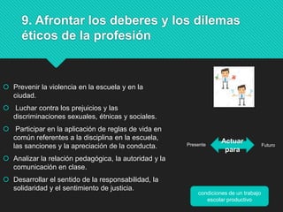 9. Afrontar los deberes y los dilemas
éticos de la profesión
 Prevenir la violencia en la escuela y en la
ciudad.
 Luchar contra los prejuicios y las
discriminaciones sexuales, étnicas y sociales.
 Participar en la aplicación de reglas de vida en
común referentes a la disciplina en la escuela,
las sanciones y la apreciación de la conducta.
 Analizar la relación pedagógica, la autoridad y la
comunicación en clase.
 Desarrollar el sentido de la responsabilidad, la
solidaridad y el sentimiento de justicia.
FuturoPresente
condiciones de un trabajo
escolar productivo
Actuar
para
 