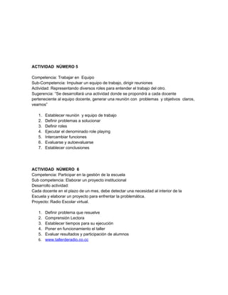 ACTIVIDAD NÚMERO 5

Competencia: Trabajar en Equipo
Sub-Competencia: Impulsar un equipo de trabajo, dirigir reuniones
Actividad: Representando diversos roles para entender el trabajo del otro.
Sugerencia: “Se desarrollará una actividad donde se propondrá a cada docente
perteneciente al equipo docente, generar una reunión con problemas y objetivos claros,
veamos”

   1.   Establecer reunión y equipo de trabajo
   2.   Definir problemas a solucionar
   3.   Definir roles
   4.   Ejecutar el denominado role playing
   5.   Intercambiar funciones
   6.   Evaluarse y autoevaluarse
   7.   Establecer conclusiones




ACTIVIDAD NÚMERO 6
Competencia: Participar en la gestión de la escuela
Sub competencia: Elaborar un proyecto institucional
Desarrollo actividad:
Cada docente en el plazo de un mes, debe detectar una necesidad al interior de la
Escuela y elaborar un proyecto para enfrentar la problemática.
Proyecto: Radio Escolar virtual.

   1.   Definir problema que resuelve
   2.   Comprensión Lectora
   3.   Establecer tiempos para su ejecución
   4.   Poner en funcionamiento el taller
   5.   Evaluar resultados y participación de alumnos
   6.   www.tallerderadio.co.cc
 