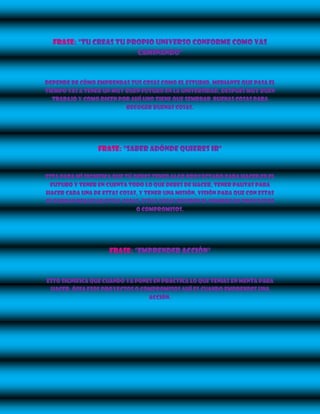 Frase: “tu creas tu propio universo conforme como vas
                        caminando”



Depende de cómo emprendas tus cosas como el estudio, mediante que pasa el
tiempo vas a tener un muy buen futuro en la universidad, después muy buen
  trabajo y como dicen por ahí uno tiene que sembrar buenas cosas para
                          recoger buenas cosas.




                 Frase: “saber adónde quieres ir”


Esta para mí significa que tú debes tener algo proyectado para hacer en el
 futuro y tener en cuenta todo lo que debes de hacer, tener pautas para
hacer cada una de estas cosas, y tener una misión, visión para que con estas
se puedan realizar estas cosas, estas cosas reciben el nombre de proyectos
                               o compromisos.




                     Frase: “emprender acción”



Esto significa que cuando ya pones en práctica lo que tenías en menta para
 hacer, ósea esos proyectos o compromisos ahí es cuando emprendes una
                                 acción.
 