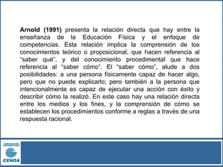 Arnold (1991) presenta la relación directa que hay entre la
enseñanza de la Educación Física y el enfoque de
competencias. Esta relación implica la comprensión de los
conocimientos teórico o proposicional, que hacen referencia al
“saber qué”, y del conocimiento procedimental que hace
referencia al “saber cómo”. El “saber cómo”, alude a dos
posibilidades: a una persona físicamente capaz de hacer algo,
pero que no puede explicarlo; pero también a la persona que
intencionalmente es capaz de ejecutar una acción con éxito y
describir cómo la realizó. En este caso hay una relación directa
entre los medios y los fines, y la comprensión de cómo se
establecen los procedimientos conforme a reglas a través de una
respuesta racional.
 
