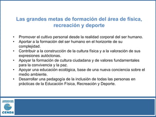 Las grandes metas de formación del área de física,
recreación y deporte
• Promover el cultivo personal desde la realidad corporal del ser humano.
• Aportar a la formación del ser humano en el horizonte de su
complejidad.
• Contribuir a la construcción de la cultura física y a la valoración de sus
expresiones autóctonas.
• Apoyar la formación de cultura ciudadana y de valores fundamentales
para la convivencia y la paz.
• Apoyar una educación ecológica, base de una nueva conciencia sobre el
medio ambiente.
• Desarrollar una pedagogía de la inclusión de todas las personas en
prácticas de la Educación Física, Recreación y Deporte.
 