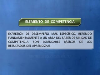 EXPRESIÓN DE DESEMPEÑO MÁS ESPECÍFICO, REFERIDO
FUNDAMENTALMENTE A UN ÁREA DEL SABER DE UNIDAD DE
COMPETENCIA. SON ESTÁNDARES BÁSICOS DE LOS
RESULTADOS DEL APRENDIZAJE
ELEMENTO DE COMPETENCIA
 