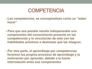 COMPETENCIA
Las competencias, se conceptualizan como un “saber
hacer”
Para que sea posible resulta indispensable una
comprensión del conocimiento presente en las
competencias y la vinculación de este con las
habilidades prácticas o destrezas que las integran.
Por otra parte, el aprendizaje por competencias
favorece los propios procesos de aprendizaje y la
motivación por aprender, debido a la fuerte
interrelación entre sus componentes
 