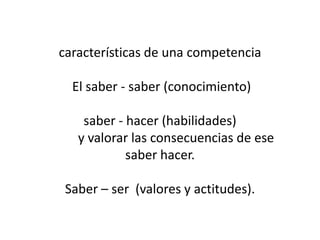 características de una competencia

  El saber - saber (conocimiento)

    saber - hacer (habilidades)
   y valorar las consecuencias de ese
            saber hacer.

 Saber – ser (valores y actitudes).
 