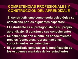 COMPETENCIAS PROFESIONALES Y
  CONSTRUCCIÓN DEL APRENDIZAJE
  El constructivismo como teoría psicológica se
  caracteriza por los siguientes aspectos:
• El estudiante es el protagonista de su propio
  aprendizaje, él construye sus conocimientos
• Se deben tener en cuenta los conocimientos
  previos (conceptos, representaciones,
  conocimientos, experiencias)
• El aprendizaje consiste en la modificación de
  los esquemas mentales de los estudiantes
 