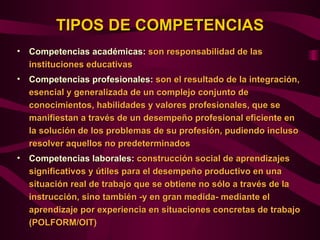 TIPOS DE COMPETENCIAS
•   Competencias académicas: son responsabilidad de las
    instituciones educativas
•   Competencias profesionales: son el resultado de la integración,
    esencial y generalizada de un complejo conjunto de
    conocimientos, habilidades y valores profesionales, que se
    manifiestan a través de un desempeño profesional eficiente en
    la solución de los problemas de su profesión, pudiendo incluso
    resolver aquellos no predeterminados
•   Competencias laborales: construcción social de aprendizajes
    significativos y útiles para el desempeño productivo en una
    situación real de trabajo que se obtiene no sólo a través de la
    instrucción, sino también -y en gran medida- mediante el
    aprendizaje por experiencia en situaciones concretas de trabajo
    (POLFORM/OIT)
 