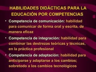 HABILIDADES DIDÁCTICAS PARA LA
   EDUCACIÓN POR COMPETENCIAS
• Competencia de comunicación: habilidad
  para comunicar de forma oral y escrita, de
  manera eficaz
• Competencia de integración: habilidad para
  combinar las destrezas teóricas y técnicas,
  en la práctica profesional
• Competencia de adaptación: habilidad para
  anticiparse y adaptarse a los cambios;
  sobretodo a los cambios tecnológicos
 