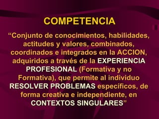COMPETENCIA
“Conjunto de conocimientos, habilidades,
     actitudes y valores, combinados,
 coordinados e integrados en la...