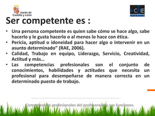 Ser competente es :
• Una persona competente es quien sabe cómo se hace algo, sabe
hacerlo y le gusta hacerlo o al menos lo hace con ética.
• Pericia, aptitud o idoneidad para hacer algo o intervenir en un
asunto determinado” (RAE, 2006).
• Calidad, Trabajo en equipo, Liderazgo, Servicio, Creatividad,
Actitud y más…
• Las competencias profesionales son el conjunto de
conocimientos, habilidades y actitudes que necesita un
profesional para desempeñarse de manera correcta en un
determinado puesto de trabajo.
Competencias profesionales del profesorado y sus funciones.
 