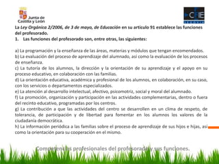 Competencias profesionales del profesorado y sus funciones.
La Ley Orgánica 2/2006, de 3 de mayo, de Educación en su artículo 91 establece las funciones
del profesorado.
1. Las funciones del profesorado son, entre otras, las siguientes:
a) La programación y la enseñanza de las áreas, materias y módulos que tengan encomendados.
b) La evaluación del proceso de aprendizaje del alumnado, así como la evaluación de los procesos
de enseñanza.
c) La tutoría de los alumnos, la dirección y la orientación de su aprendizaje y el apoyo en su
proceso educativo, en colaboración con las familias.
d) La orientación educativa, académica y profesional de los alumnos, en colaboración, en su caso,
con los servicios o departamentos especializados.
e) La atención al desarrollo intelectual, afectivo, psicomotriz, social y moral del alumnado.
f) La promoción, organización y participación en las actividades complementarias, dentro o fuera
del recinto educativo, programadas por los centros.
g) La contribución a que las actividades del centro se desarrollen en un clima de respeto, de
tolerancia, de participación y de libertad para fomentar en los alumnos los valores de la
ciudadanía democrática.
h) La información periódica a las familias sobre el proceso de aprendizaje de sus hijos e hijas, así
como la orientación para su cooperación en el mismo.
 