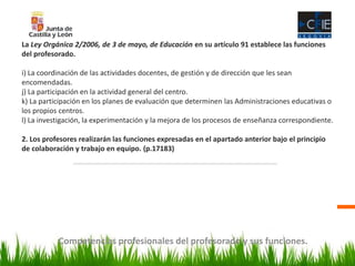 Competencias profesionales del profesorado y sus funciones.
La Ley Orgánica 2/2006, de 3 de mayo, de Educación en su artículo 91 establece las funciones
del profesorado.
i) La coordinación de las actividades docentes, de gestión y de dirección que les sean
encomendadas.
j) La participación en la actividad general del centro.
k) La participación en los planes de evaluación que determinen las Administraciones educativas o
los propios centros.
l) La investigación, la experimentación y la mejora de los procesos de enseñanza correspondiente.
2. Los profesores realizarán las funciones expresadas en el apartado anterior bajo el principio
de colaboración y trabajo en equipo. (p.17183)
 
