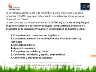 Competencias profesionales del profesorado y sus funciones.
La Ley Orgánica 8/2013, de 9 de diciembre, para la mejora de la calidad
educativa (LOMCE) nos sigue hablando de competencias, ahora ya no son
“básicas” son “clave”:
Lo que concreta para Castilla y León el DECRETO 26/2016, de 21 de julio, por
el que se establece el currículo y se regula la implantación, evaluación y
desarrollo de la Educación Primaria en la Comunidad de Castilla y León:
1. Competencia en comunicación lingüística
2. Competencia matemática y competencias básicas en ciencia y
tecnología
3. Competencia digital
4. Aprender a aprender
5. Competencias sociales y cívicas
6. Sentido de la iniciativa y espíritu emprendedor
7. Conciencia y expresiones culturales
 