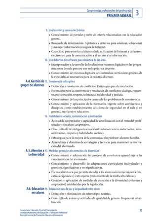 Competencias profesionales del profesorado
                                                                                          PrIMArIA GENErAl         3
                               9. Uso Internet y correo electrónico
                                   •	 Conocimiento de portales y webs de interés relacionadas con la educación
                                      general.
                                   •	 Búsqueda de información: Aptitudes y criterios para analizar, seleccionar
                                      y manejar información recogida de Internet.
                                   •	 Capacidad para enseñar al alumnado la utilización de Internet y del correo
                                      electrónico para la comunicación y el acceso a la información.
                              10. Uso didáctico de software para didáctica de las áreas
                                   •	 Incorporación y desarrollo de los distintos recursos digitales en las progra-
                                      maciones de aula para su uso en la práctica docente.
                                   •	 Conocimiento de recursos digitales de contenidos curriculares propios de
                                      la especialidad necesarios para la práctica docente.
     A.4. Gestión de 15. Convivencia y disciplina
 grupos de alumnos •	 Detección y resolución de conflictos: Estrategias para la mediación.
                                   •	 Formación para la convivencia y resolución de conflictos: diálogo, consen-
                                      so, participación, respeto, tolerancia, solidaridad y justicia.
                                   •	 Conocimiento de las principales causas de los problemas de convivencia.
                                   •	 Conocimiento y aplicación de la normativa vigente sobre convivencia y
                                      disciplina como establecimiento del clima de seguridad en el aula y, en
                                      general, en el centro educativo.
                              16. Habilidades sociales, comunicación y motivación
                                   •	 Actitud de cooperación y capacidad de coordinación con el resto del profe-
                                      sorado y el trabajo cooperativo.
                                   •	 Desarrollo de la inteligencia emocional: autoconciencia, autocontrol, auto-
                                      motivación, empatía y habilidades sociales.
                                   •	 Estrategias para la mejora de la comunicación profesor-alumno-familia.
                                   •	 Aprendizaje y dominio de estrategias y técnicas para mantener la motiva-
                                      ción del alumnado.
       A.5. Atención a 17. Medidas generales de atención a la diversidad
         la diversidad •	 Conocimiento y adecuación del proceso de enseñanza-aprendizaje a las
                                      características del alumnado.
                                   •	 Conocimiento y desarrollo de adaptaciones curriculares individuales y
                                      grupales, significativas y no significativas.
                                   •	 Formación básica que permita atender a los alumnos con necesidades edu-
                                      cativas especiales y extranjeros (tratamiento de la multiculturalidad).
                                   •	 Creación y aplicación de medidas de atención a la diversidad (refuerzo y
                                      ampliación) establecidas por la legislación.
        A.6. Educación 19. Educación para la paz y la igualdad entre sexos
             en valores •	 Detección y eliminación de estereotipos sexistas.
                                   •	 Desarrollo de valores y actitudes de igualdad de género: Propuestas de ac-
                                      tuación.

Consejería de Educación, Ciencia e Investigación                                                                       35
Secretaría Autonómica de Educación y Formación Profesional
Dirección General de Promoción Educativa e Innovación
 