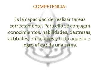 COMPETENCIA:

   Es la capacidad de realizar tareas
 correctamente. Para ello se conjugan
conocimientos, habilidades, destrezas,
actitudes, emociones y todo aquello el
       logro eficaz de una tarea.
 