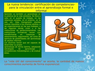La nueva tendencia: certificación de competencias-
    para la vinculación entre el aprendizaje formal e
                         informal
Aprender es también un aprendizaje en
la práctica de la vida cotidiana. Se lleva a
cabo en el puesto de trabajo, en las
relaciones sociales, en el entorno, en la
red, etc. Esta transgresión plantea
nuevos requisitos a los mismos adultos, a
las organizaciones en las que trabajan, a
las regiones donde viven y a las
instituciones de perfeccionamiento. Las
instituciones    formativas    tienen    que
transformarse       en     instancias     de
asesoramiento, seguimiento, así como de
apertura de posibilidades del aprendizaje
de adultos informal.
Los alumnos tienen que ser capaces de
desarrollar su propio
aprendizaje de forma óptima, adoptando
estrategias       de     aprendizaje       y
competencias metodológicas y de evaluar
éstas.




La “vida útil del conocimiento” se acorta, la cantidad de nuevos
conocimientos aumenta de forma exponencial.
 