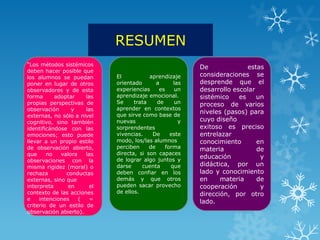 RESUMEN
“Los métodos sistémicos
                                                        De              estas
deben hacer posible que
los alumnos se puedan       El           aprendizaje    consideraciones se
poner en lugar de otros     orientado       a     las   desprende que el
observadores y de esta      experiencias     es   un    desarrollo escolar
forma      adoptar    las   aprendizaje emocional.      sistémico    es    un
propias perspectivas de     Se     trata    de    un    proceso de varios
observación      y    las   aprender en contextos
                            que sirve como base de
                                                        niveles (pasos) para
externas, no sólo a nivel
cognitivo, sino también     nuevas                  y   cuyo diseño
identificándose con las     sorprendentes               exitoso es preciso
emociones; esto puede       vivencias.    De     este   entrelazar
llevar a un propio estilo   modo, los/las alumnos       conocimiento       en
de observación abierto,     perciben     de    forma    materia            de
que     no   valora   las   directa, si son capaces
                            de lograr algo juntos y
                                                        educación           y
observaciones con la
misma rigidez (moral) o     darse     cuenta     que    didáctica, por un
rechaza        conductas    deben confiar en los        lado y conocimiento
externas, sino que          demás y que otros           en     materia     de
interpreta      en     el   pueden sacar provecho       cooperación         y
contexto de las acciones    de ellos.                   dirección, por otro
e    intenciones    (   =
                                                        lado.
criterio de un estilo de
observación abierto).
 